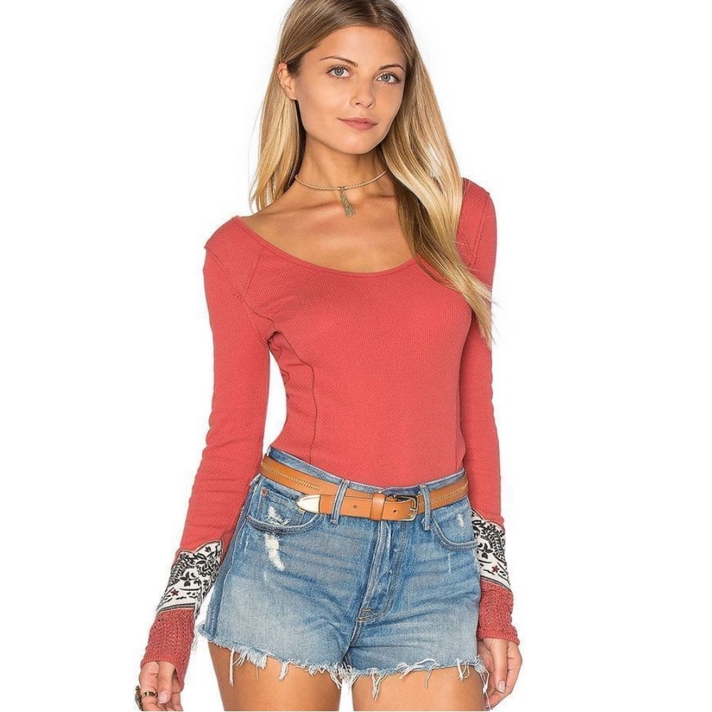NWOT Free People We the Free Waffle Bandana Cuff Sleeve Thermal Shirt Top